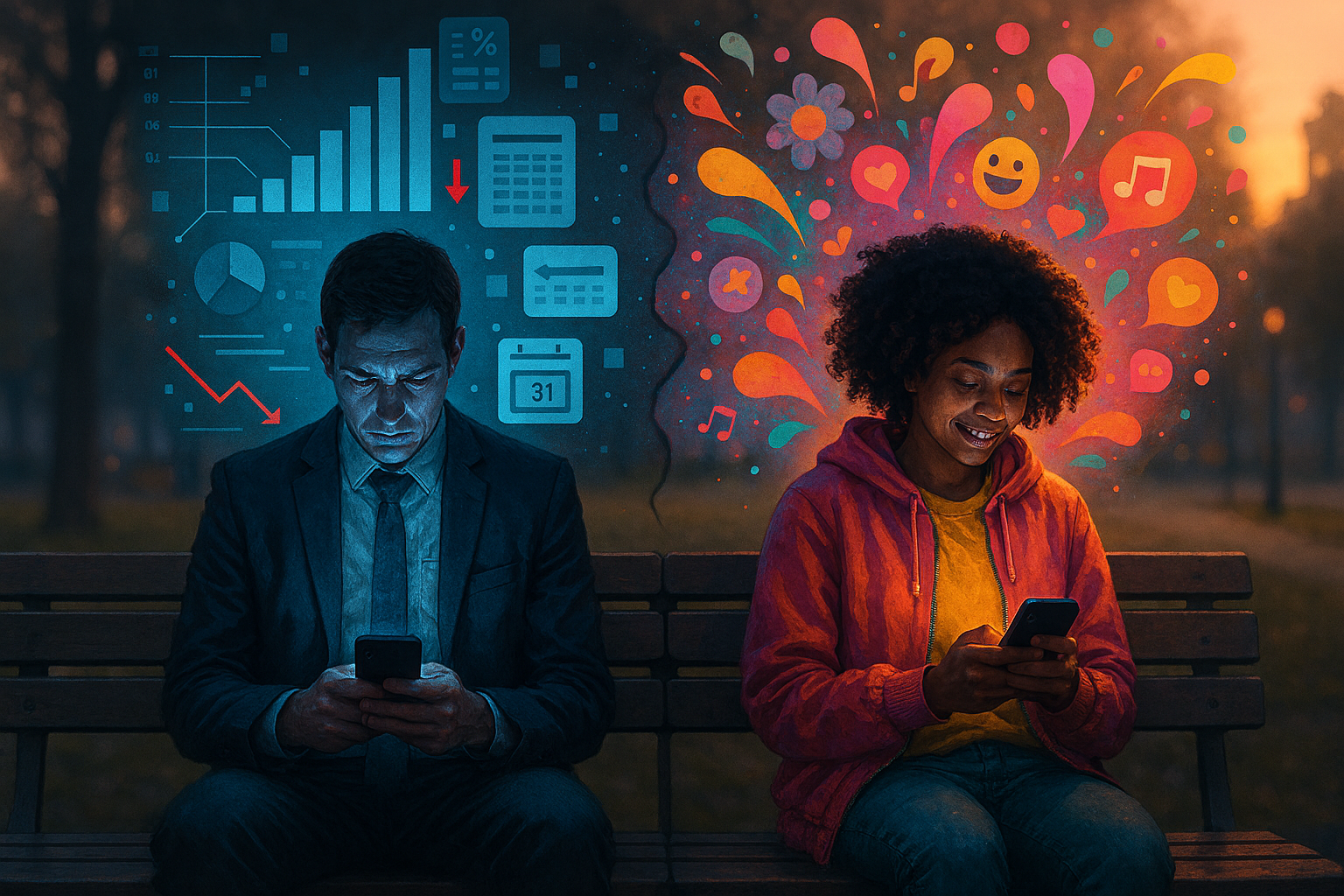 Two people sitting next to each other looking at different abstract digital content streams, representing how personalized feeds show different information to each user