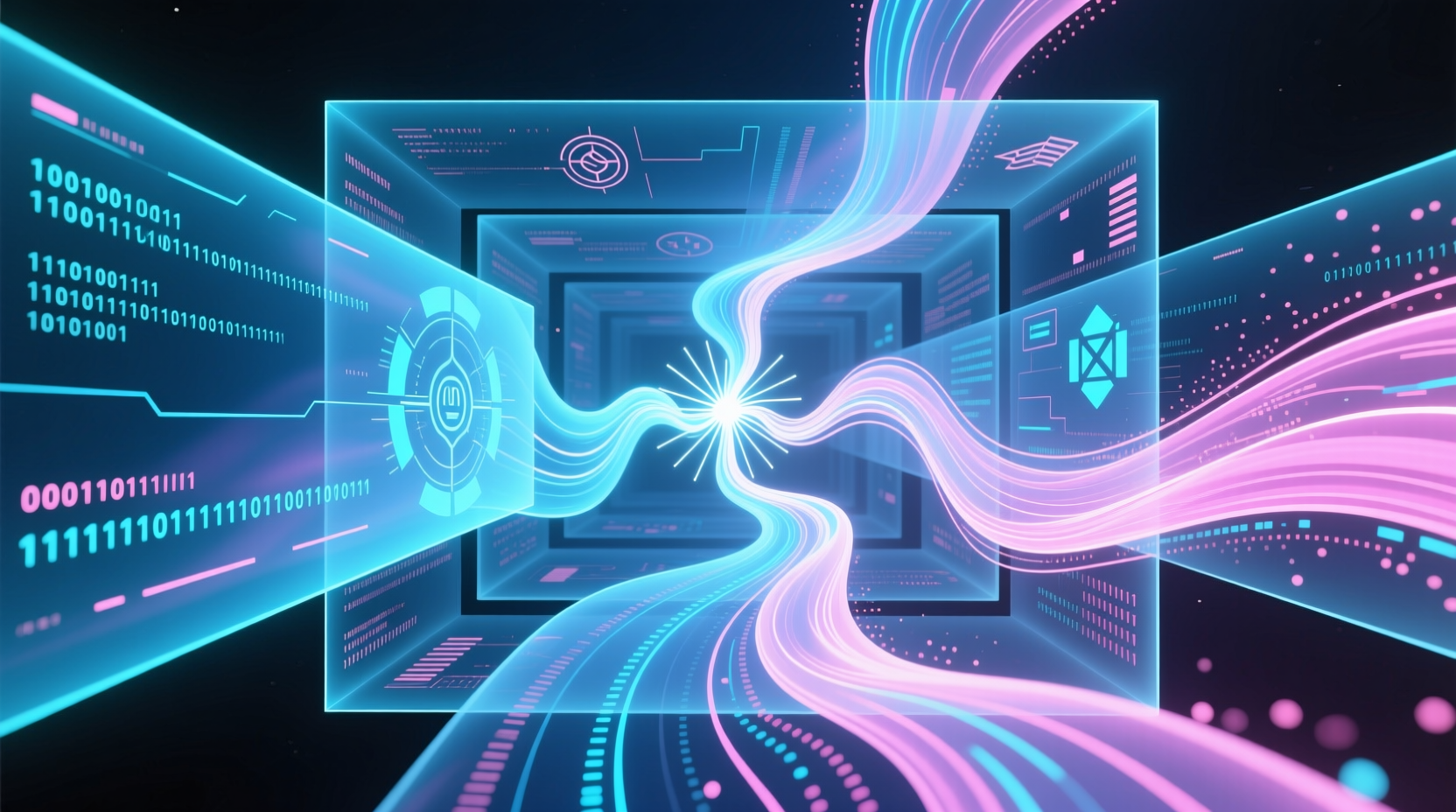 Abstract illustration of layered digital information streams, with some content highlighted and other layers fading, representing how platforms filter and prioritize what people see online.
