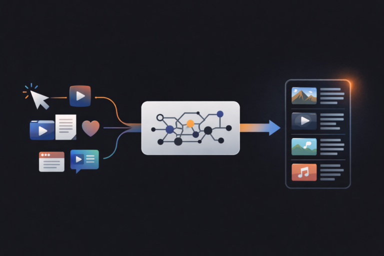 Alt: Diagram showing how user signals, content signals, and platform objectives feed into a ranking and recommendation system