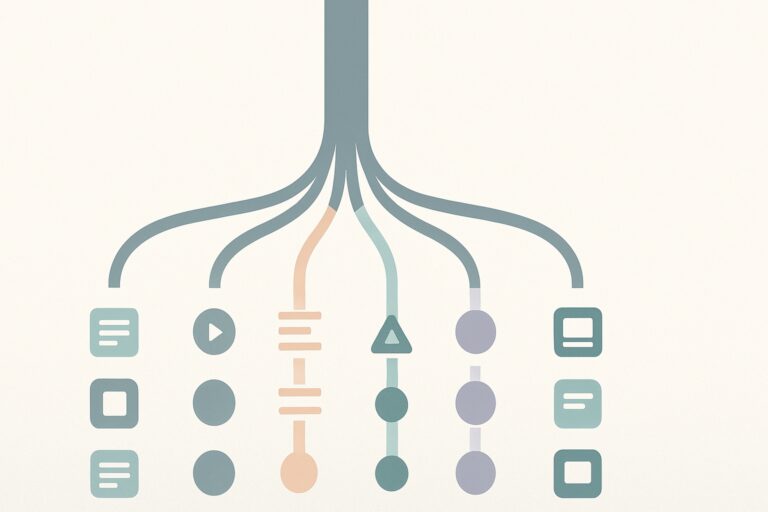Illustration showing one shared content stream splitting into multiple personalized feeds